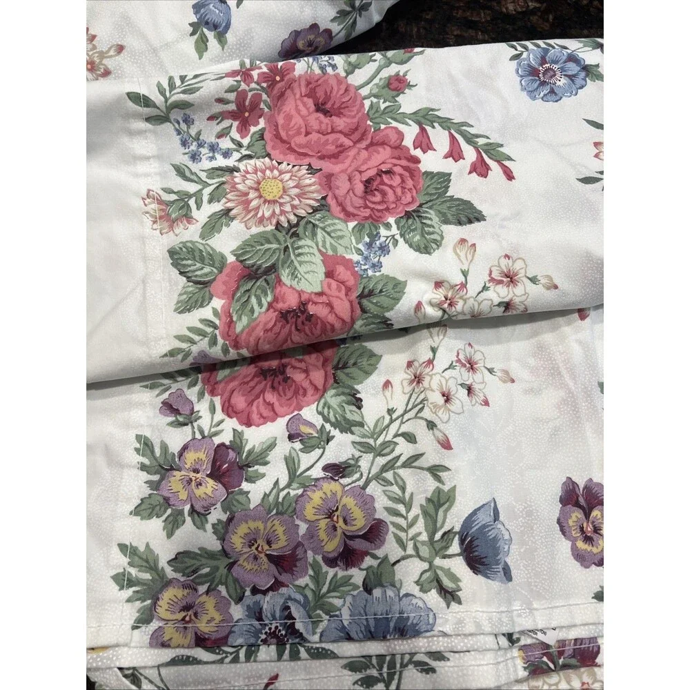 Vintage Cannon Twin Sheet Set Flat Fitted Floral Rose Pansy Cottagecore Shabby